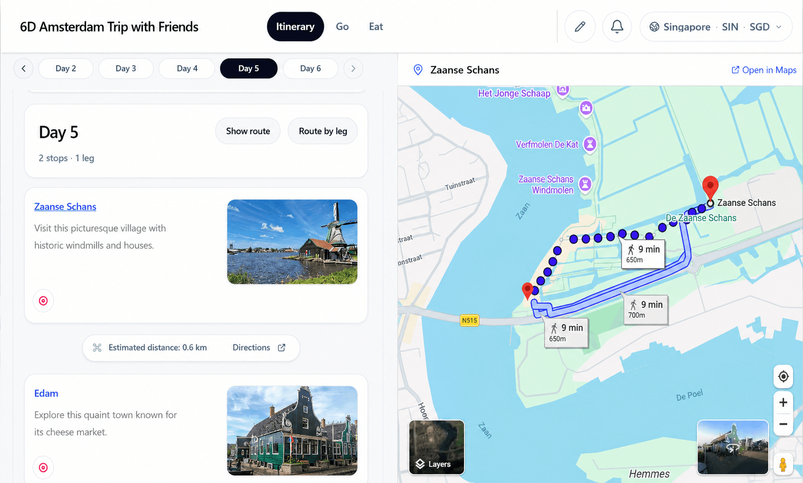 OpenTrip itinerary workspace showing an Amsterdam trip plan, places and route map